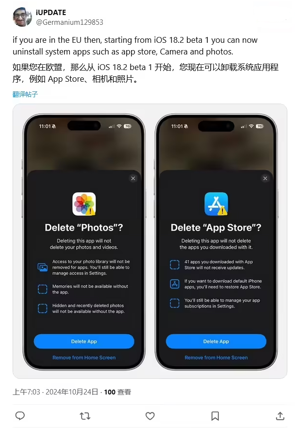 海尾镇苹果手机维修分享iOS 18.2 支持删除 App Store 应用商店 